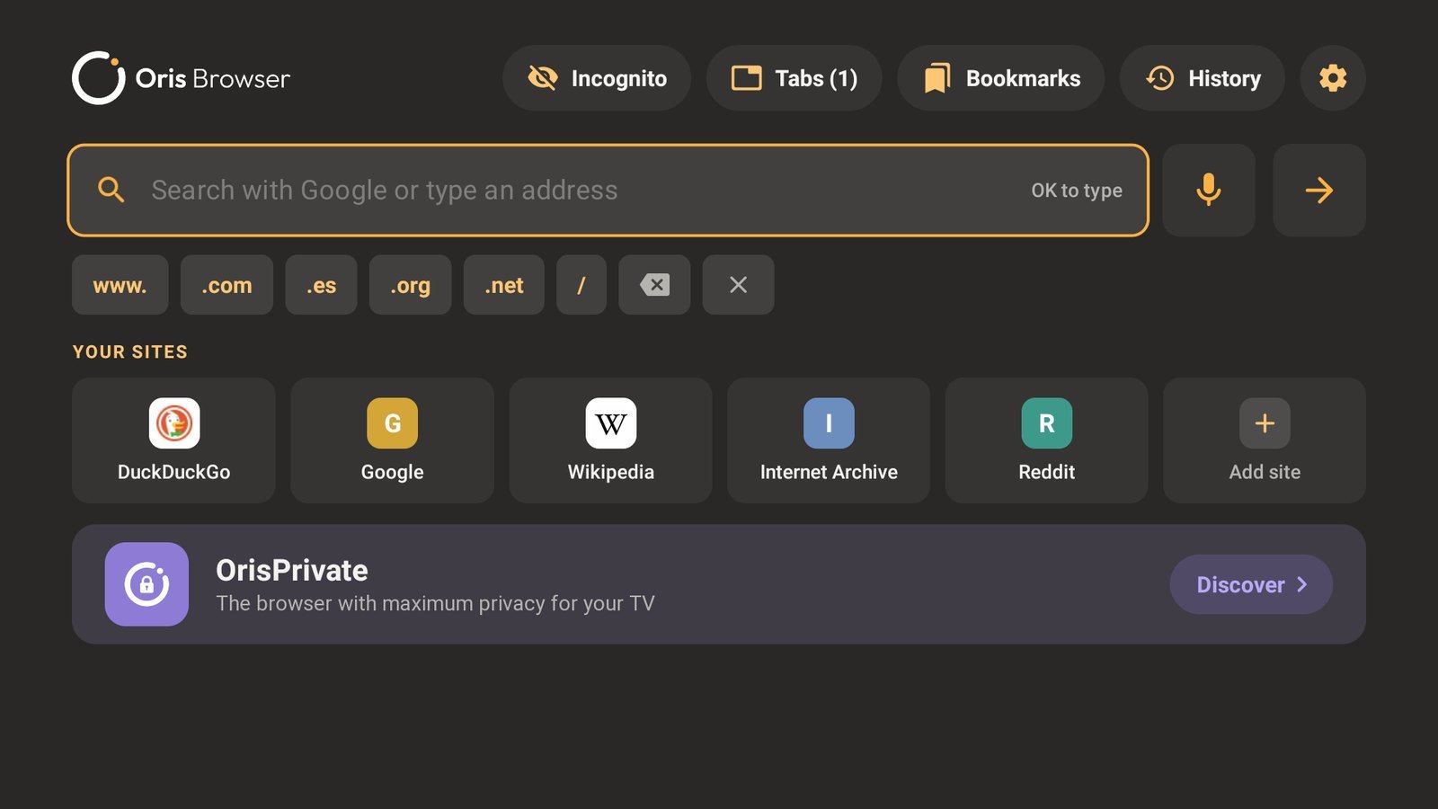 Oris Browser home screen with search bar and your favourite sites