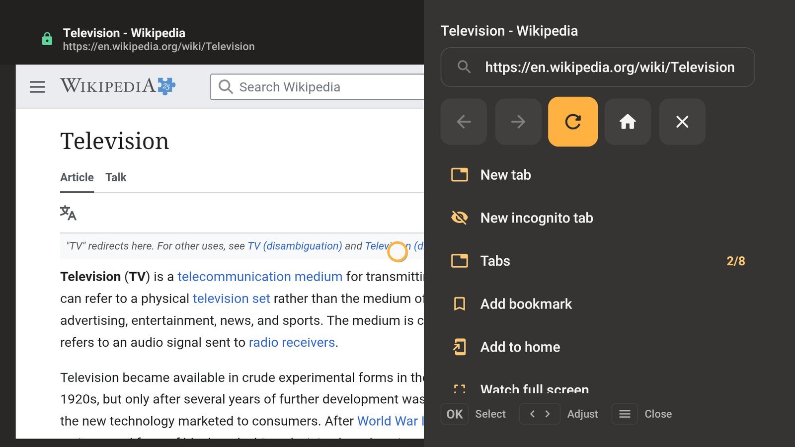 Browser menu over a web page with address bar, navigation and tabs