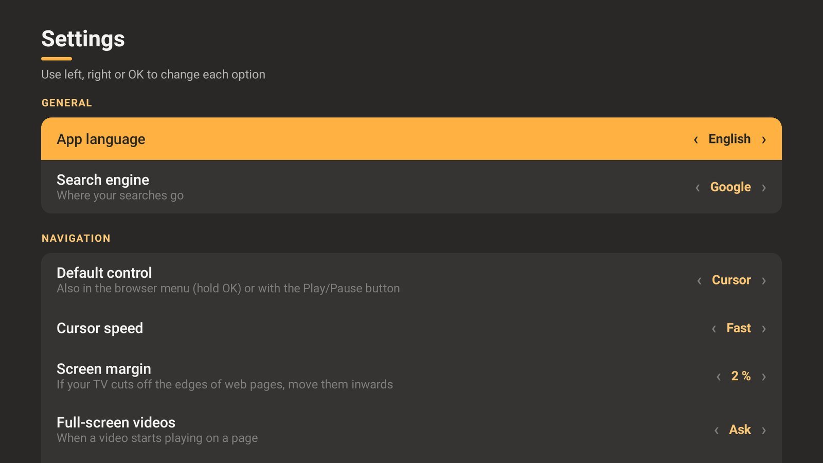 Settings screen